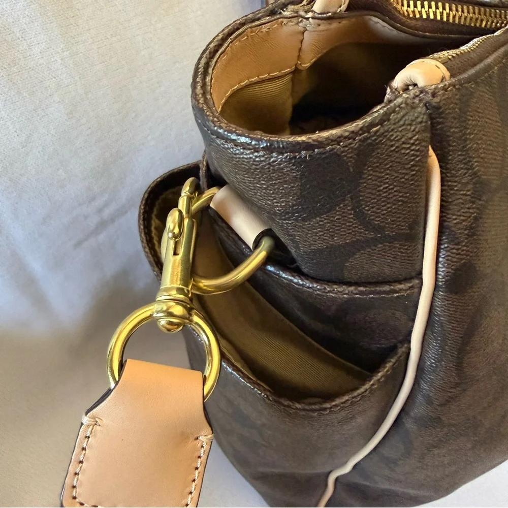 Coach Brown Signature Baby Bag with Tan Trim and Red Tag